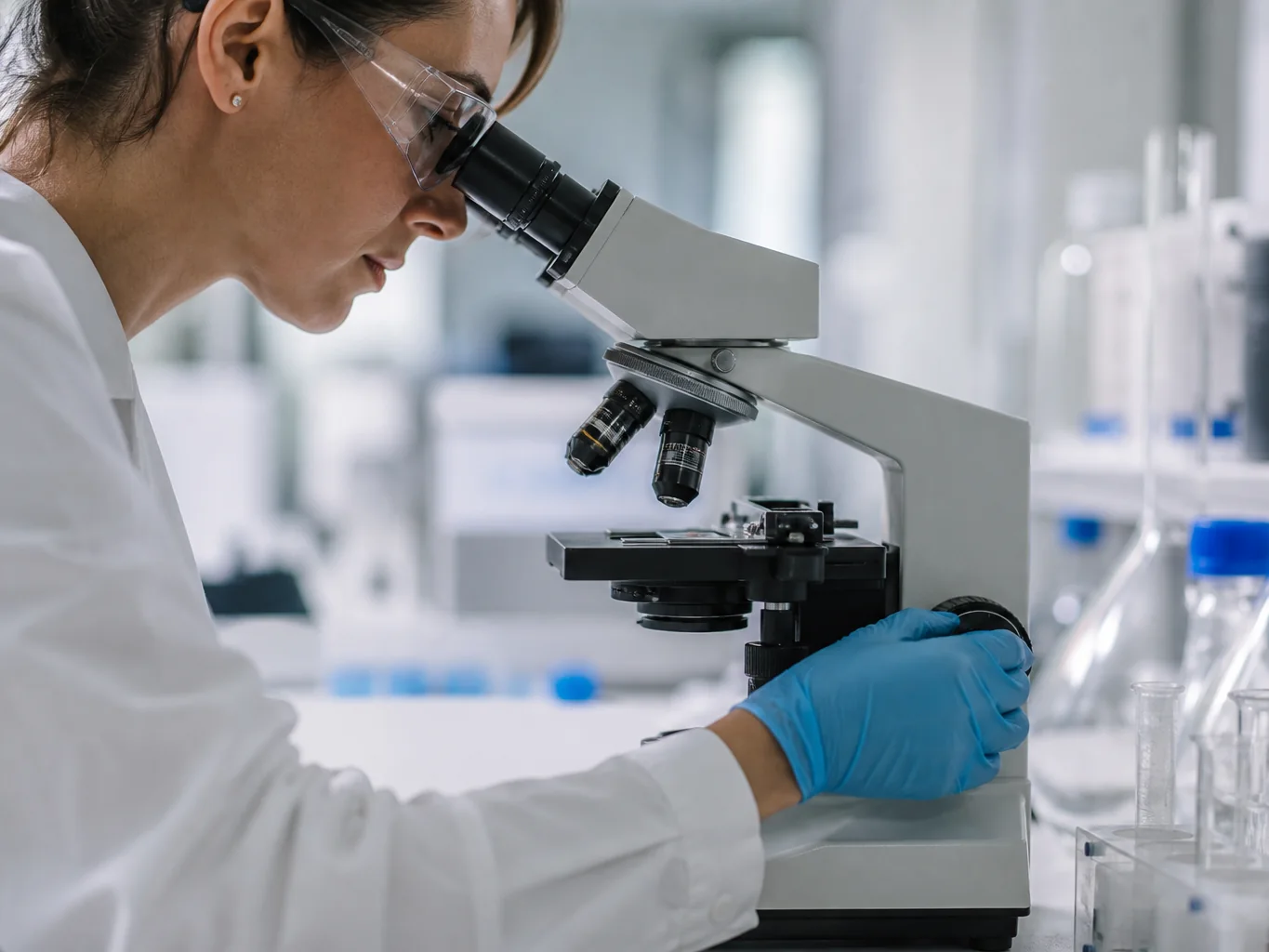 Illustrative laboratory scene with a researcher using a microscope.