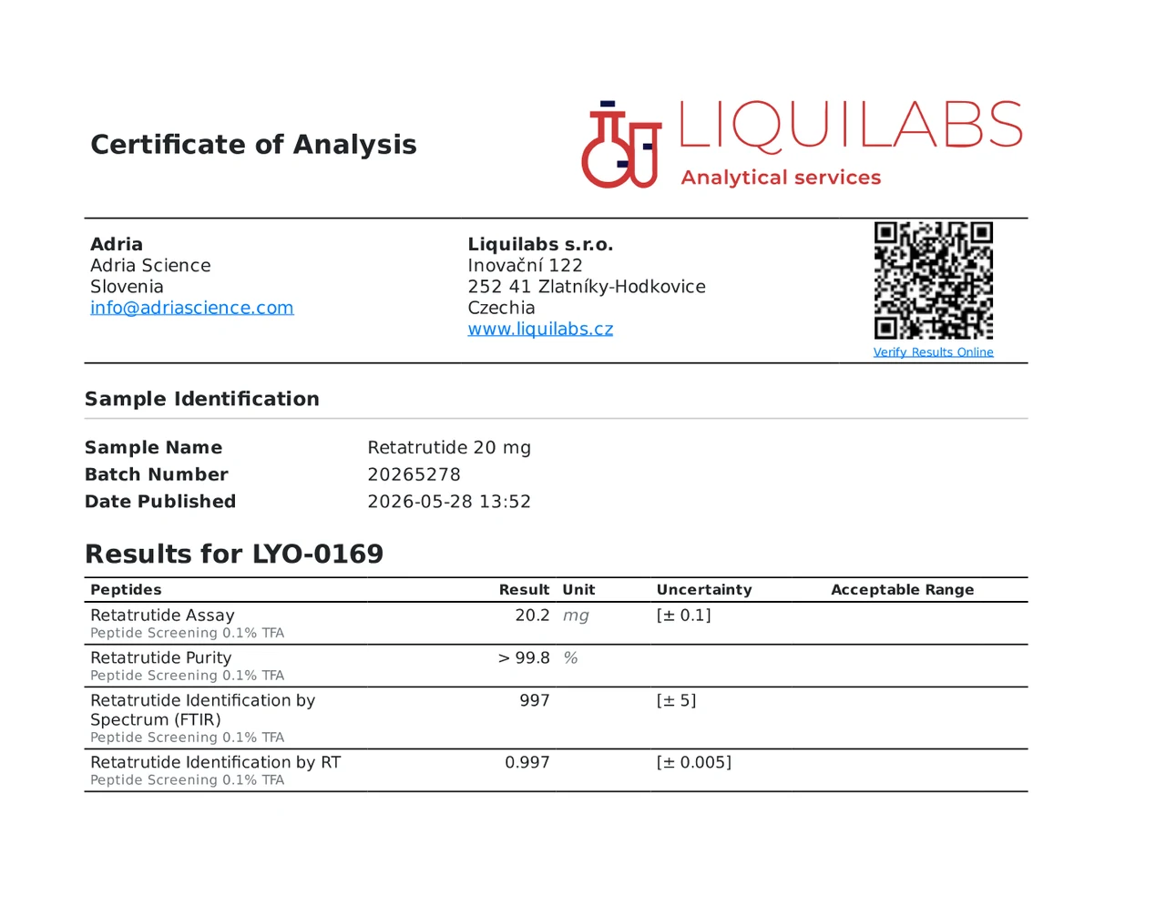 Example Liquilabs report showing the product, batch, methods and measured results.