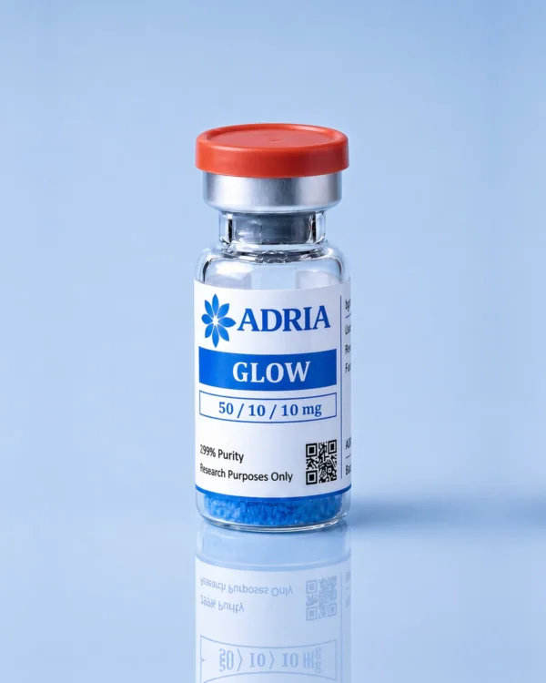 GLOW research-use-only product vial from Adria Peptides