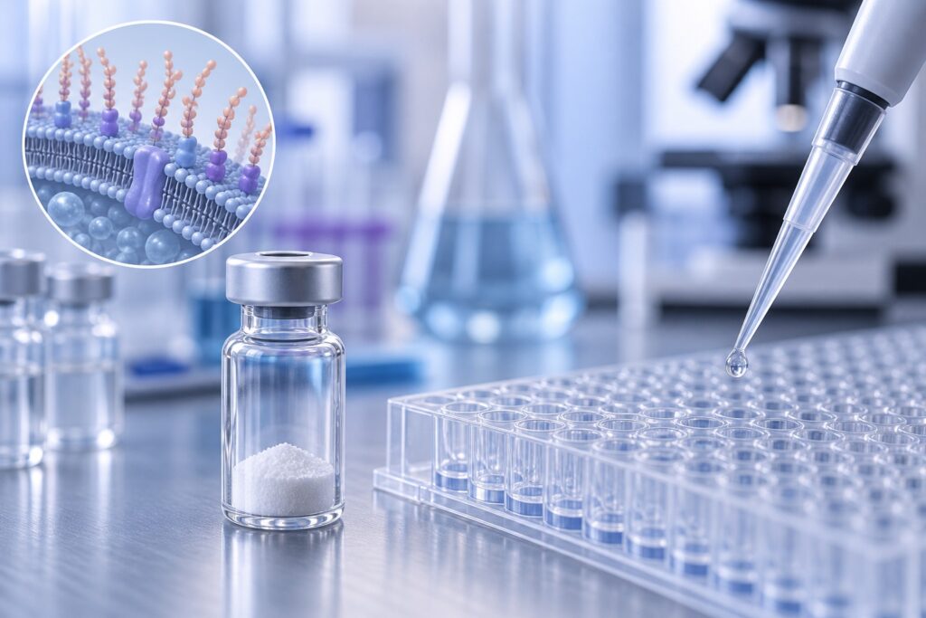 Illustration of a research vial, microplate and pipette with a conceptual bacterial membrane inset.