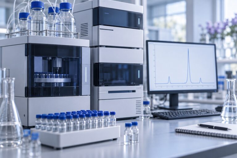 Illustration of an HPLC instrument, analytical vials and a conceptual chromatogram.