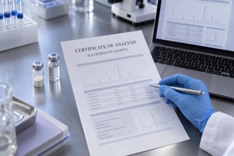 Illustrative sample Certificate of Analysis being reviewed beside research vials; not an actual laboratory report.