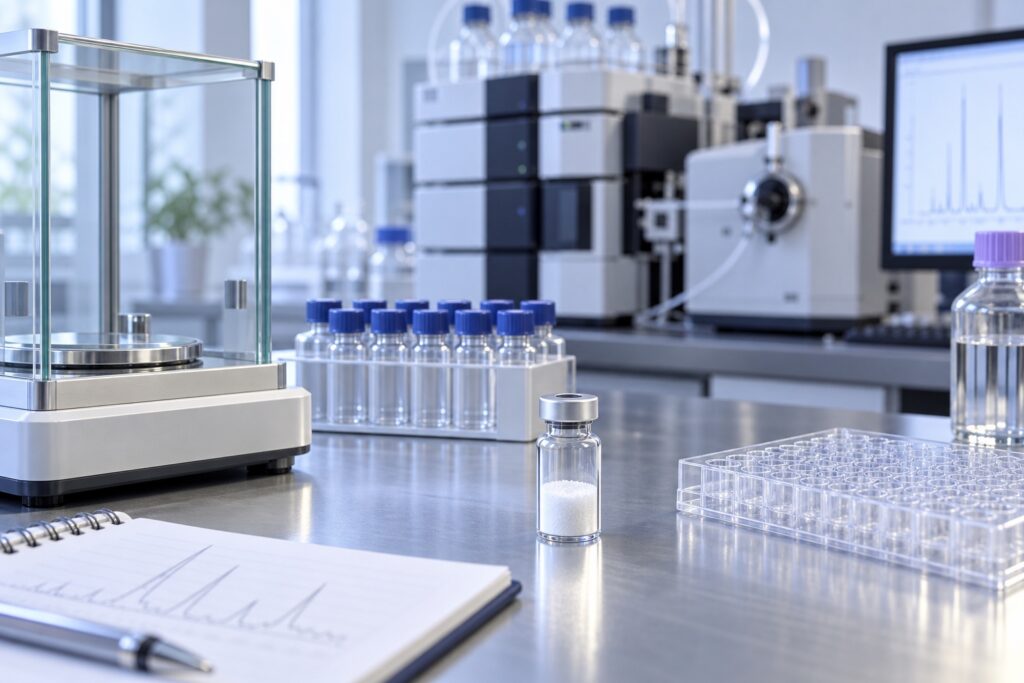 Illustration of complementary peptide testing equipment, including an analytical balance, vials and microplate.