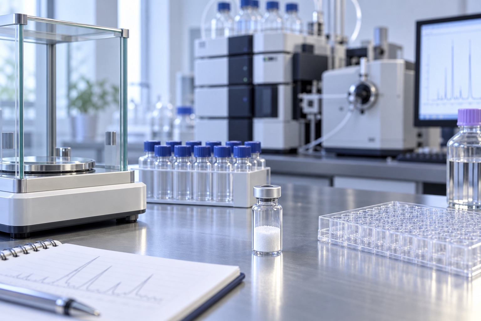 Illustration of complementary peptide testing equipment, including an analytical balance, vials and microplate.