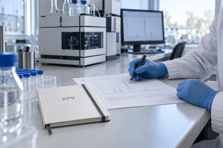 Illustrative laboratory scene with a researcher reviewing an analytical report beside a KPV notebook